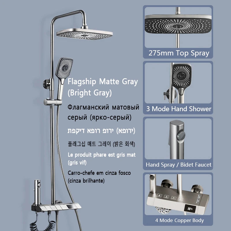 Bathroom Shower Full Set Black White Gray  Shower System Rain Pressurised Digital LED Shower Sets Hot Cold Shower Faucet